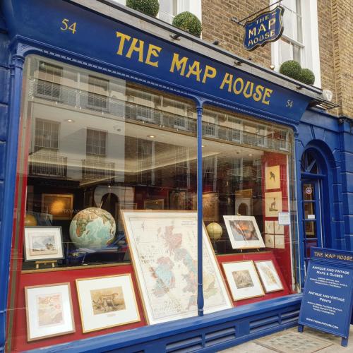 The Map House's iconic blue shopfront on Beauchamp Place