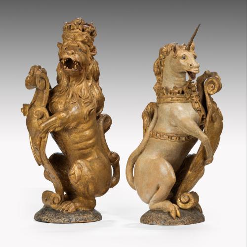  PAIR OF REGENCY BRONZE AND ORMOLU-MOUNTED CASSOLETTES IN THE FORM OF ANTIQUE OIL LAMPS  TUDOR CARVED OAK RELIEF PANEL OF KING JOHN 17TH CENTURY ENGRAVED TORTOISESHELL SILVER MOUNTED CASKET JAMES I CARVED OAK POLYCHROME-DECORATED AND PARCEL-GILT HERALDIC SUPPORTERS IN THE FORM OF A LION AND A UNICORN