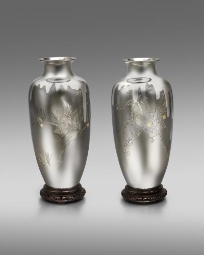 Pair of shibuichi and silver vases with pine and plum trees