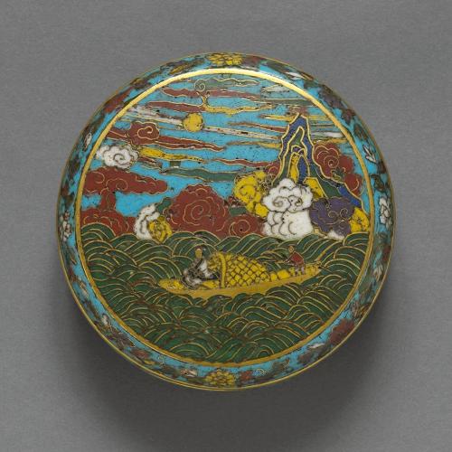 An important cloisonné enamel literati subject box and cover, Ming dynasty, 15th or very early 16th century Diameter: 11 cm, 4 ¼ inches