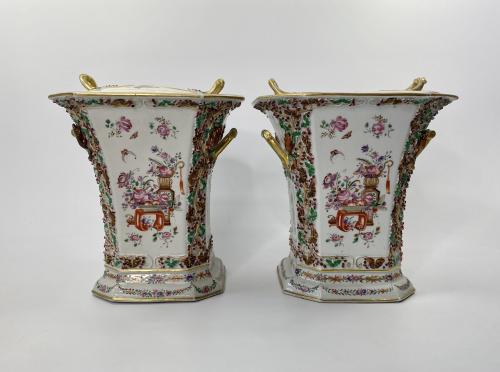 Pair Chinese porcelain bough pots. Famille rose decoration. c. 1760. Qianlong Period.