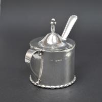 Silver Georg Jensen Mustard pot and spoon, 1922-1928
