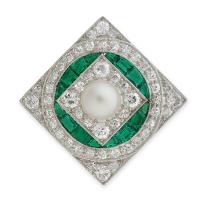 1920's diamond, emerald and pearl brooch