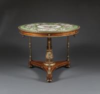 A Satinwood And Gilt-Brass Mounted Circular Center Table Bearing An Exquisite 'Adelaide Green' Porcelain Top By Copeland & Garrett  