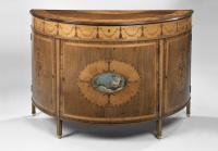 A George III Polychrome-Decorated Padouk, Sycamore, Holly and Marquetry Demi-lune Commode 