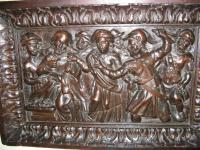 16TH CENTURY CARVED OAK PANEL SHOWING THE DENIAL OF ST PETER. CIRCA 1550.