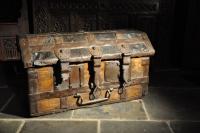 Late 15th/Early 16th Century English Elm, Leather and Iron Bound Standard, Circa 1500