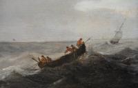 Fishermen in a rowing boat in the foreground drawing in their nets with a man o’war out to sea