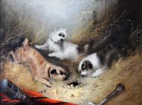Pair of oil paintings with terriers ratting in a barn by Edward Armfield