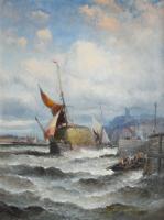 Seascape oil painting of a hay barge on the Medway by Hubert Thornley