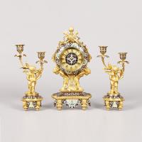 French Ormolu & Enamel Clock Garniture Retailed by Theodore Starr and Co, New York
