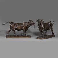 A Pair of Bronze Models Of A Standing Bull and a Running Cow After Bonheur