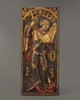 Retable Panel with Saint George and the Dragon  Walnut, with original polychrome and gilding  Spain, first quarter 16th century