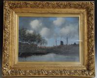 A Dutch River Scene with Boats and Windmills, Dutch, Circa 1880