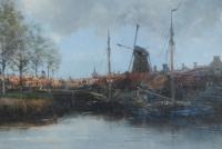 A Dutch River Scene with Boats and Windmills, Dutch, Circa 1880