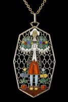  KUNSTGEWERBESCHULE (founded 1867) Jugendstil Pendant Necklace Gilded silver Enamel Figure Flowers Red Green Blue