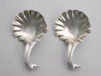 Cased Pair Victorian Cast Silver Scallop Shell Caddy Spoons