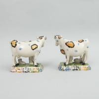 Prattware Pottery Models of Cows with Figures, Yorkshire, 1810-20