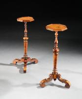 A near pair of late-17th century, walnut marquetry candlestands or torcheres