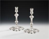 A very rare pair of George II Cast Tapersticks made in London in 1745 by James Gould