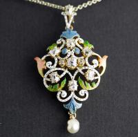 Art Nouveau Guilloché Enamel, Diamond, Pearl, Pendant circa 1900 | BADA