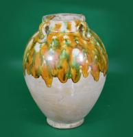 Sancai glazed four looped ears storage jar, Pottery - Tang 618-907