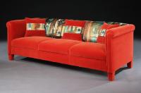 Settee, 1950's, French, three seater, upholstered in red velvet and John Piper 1962 Stones of Bath Satinised Linen