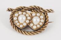 Entwined Double Heart Natural Pearl and Gold Antique Brooch, English circa 1880
