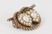 Entwined Double Heart Natural Pearl and Gold Antique Brooch, English circa 1880