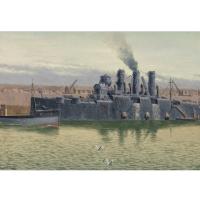 An oil on canvas by R G Thurgood HM Cruiser 'Vindictive', Assaulted the 'Mole' at Zeebrugge against the Germans, April 1918
