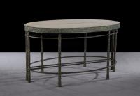A pair of custom-made bronze console tables with semi-circular tops