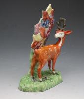 Staffordshire pottery pearlware figure of a  stag with exceptionally rare bocage