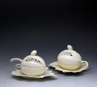 English creamware pottery melon tureen with ladel English 18th century