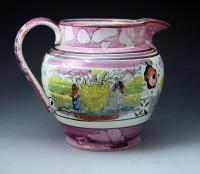 Large Pink luster pottery pitcher with  prints, one relating to taxation and slavery Newcastle Pottery