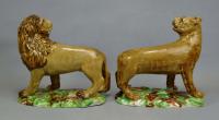 18th Century English Pottery Pearlware  Lion & Lioness Figures- Ralph Wood Type