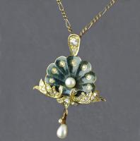 Guilloché Enamel Pearl Diamond Gold Belle Epoque Pendant, Circa 1900