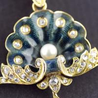 Guilloché Enamel Pearl Diamond Gold Belle Epoque Pendant, Circa 1900