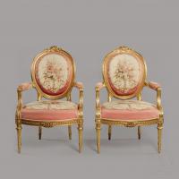 A Fine Pair of Napoleon III Period Louis XVI Style Carved Giltwood Fauteuils, With Aubusson Tapestry Upholstery