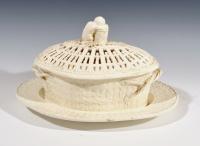 English Plain Creamware Openwork Covered Basket and Stand, Probably Staffordshire, Circa 1770-80s. 