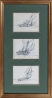 Three sketches on post cards by Montague Dawson RA