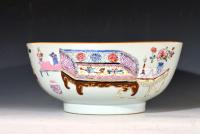 Chinese Export Famille Rose Porcelain Bowl with Chinese "Antiques" & Scholar's Items on Furniture,   Qianlong Period,   Circa 1735-40 