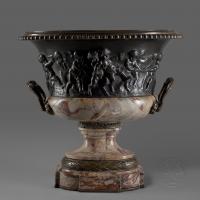A Louis XVI Style Patinated Bronze and Marble Jardinière   Cast With Bacchanalian Scenes Of Putti at Play, After Clodion