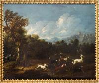 Rosa Da Tivoli (​1657-1706), Landscape with a Stag Hunt & Landscape with Wild Bulls