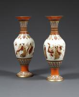 A Large Pair Of White Opaline Glass And Polychrome Enamel Vases In The 'Etruscan' Style