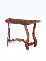 EARLY BAROQUE INLAID WALNUT DEMI-LUNE CONSOLE TABLE