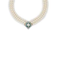 Shown here with detachable three row 6 - 6.5mm pearl necklace