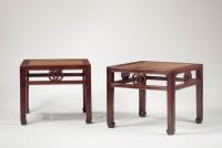 A pair of hongmu square stools with 'double cash' motif, Chinese, Qing dynasty, early 18th century.