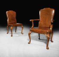 Fine Set of 8 (6 & 2) Generously Sized Antique Walnut & Leather Dining Chairs