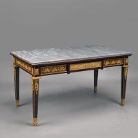 A Louis XVI Style Gilt-Bronze Mounted Mahogany Low Table with a Grey Marble Top for sale at Adrian Alan Ltd
