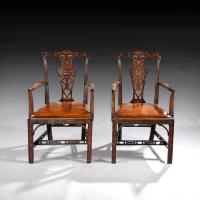 Pair of Chippendale Style Mahogany and Leather Armchairs